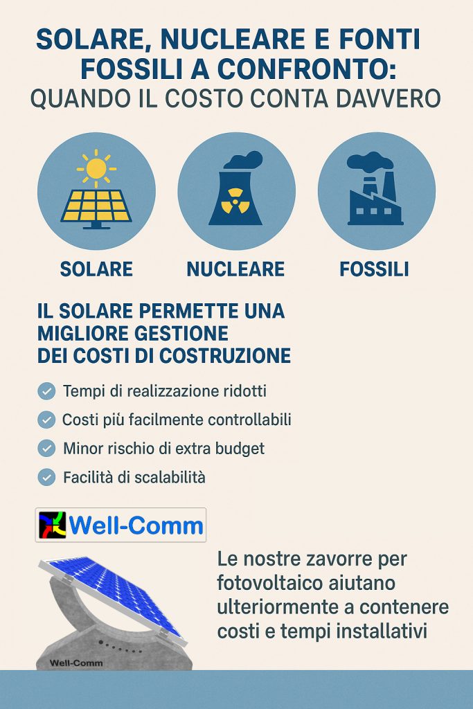 Il fotovoltaico vince su tempi e costi: confronto con nucleare e fossili